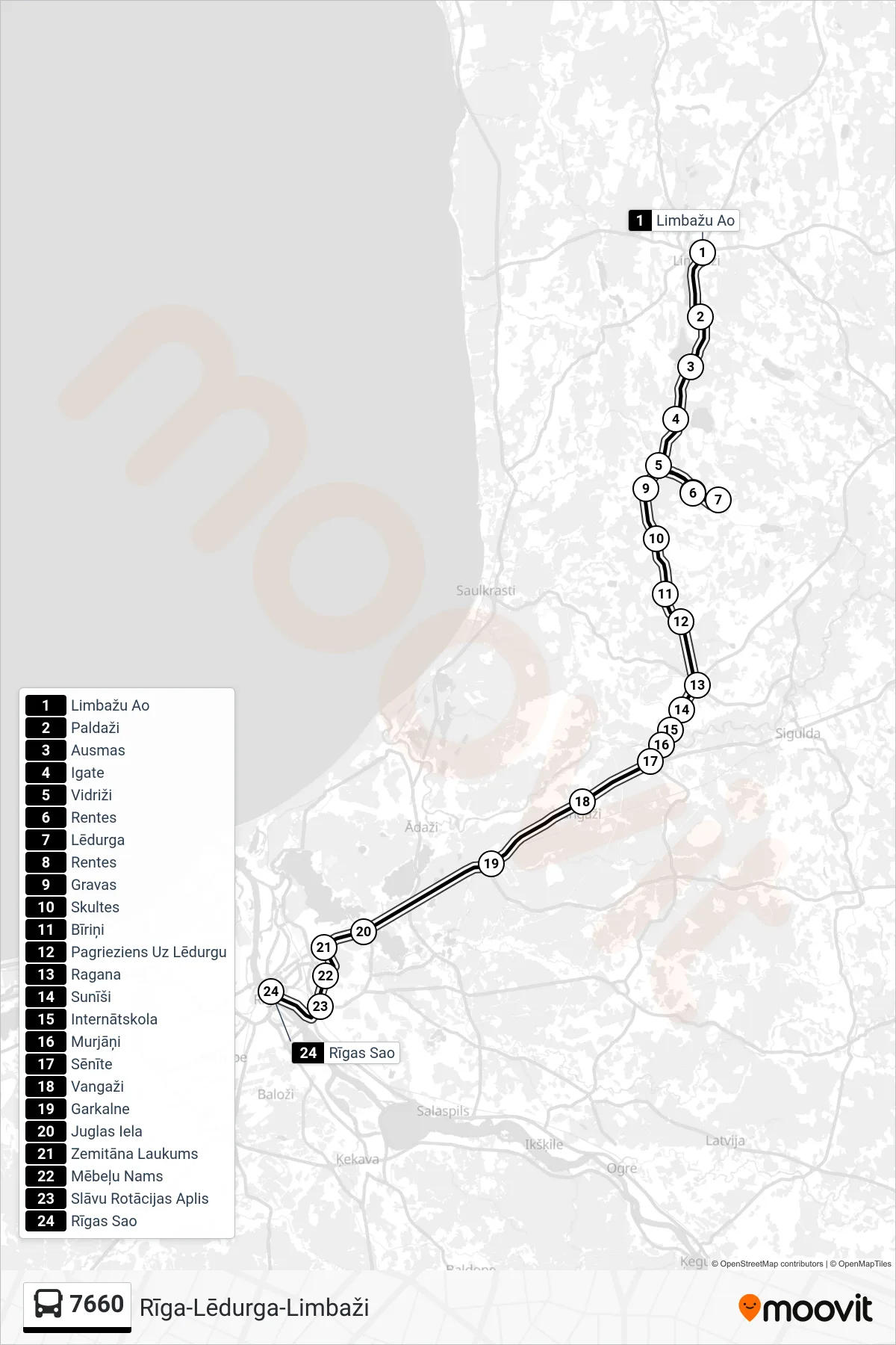 7660 bus Line (Rīgas Sao) route and stops on a map