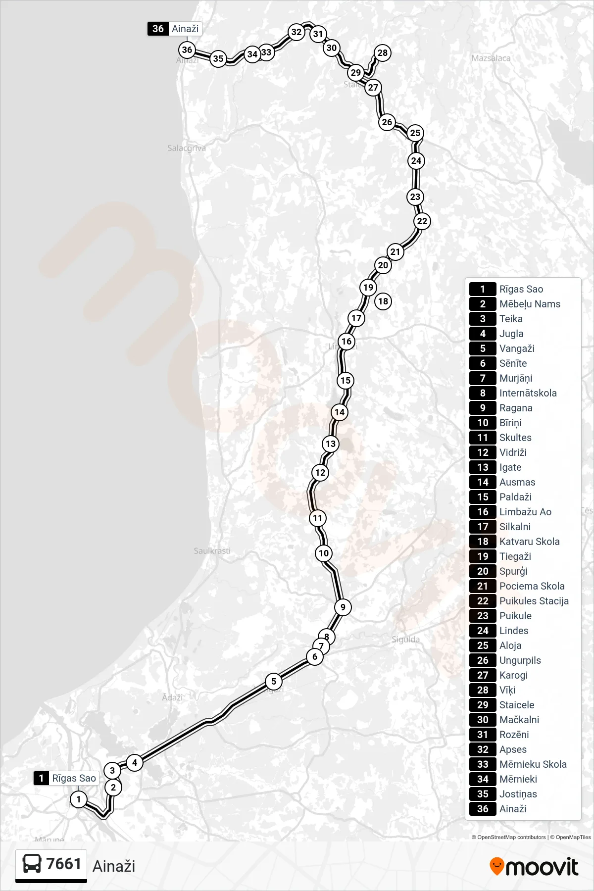 7661 bus Line (Ainaži) route and stops on a map