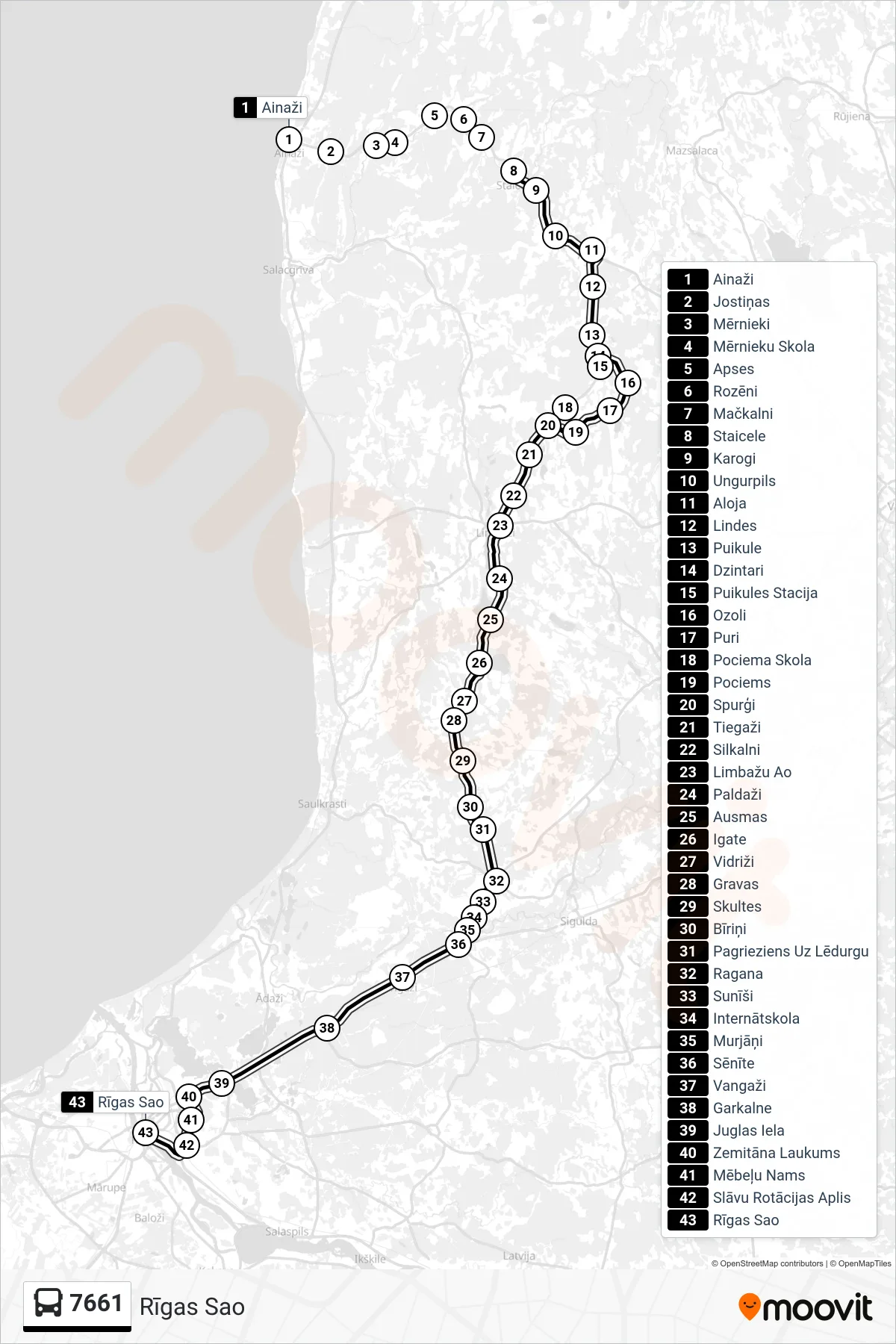 7661 bus Line (Rīgas Sao) route and stops on a map