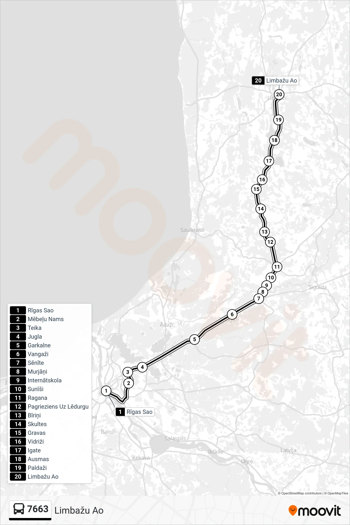 7663 bus Line (Limbažu Ao) route and stops on a map