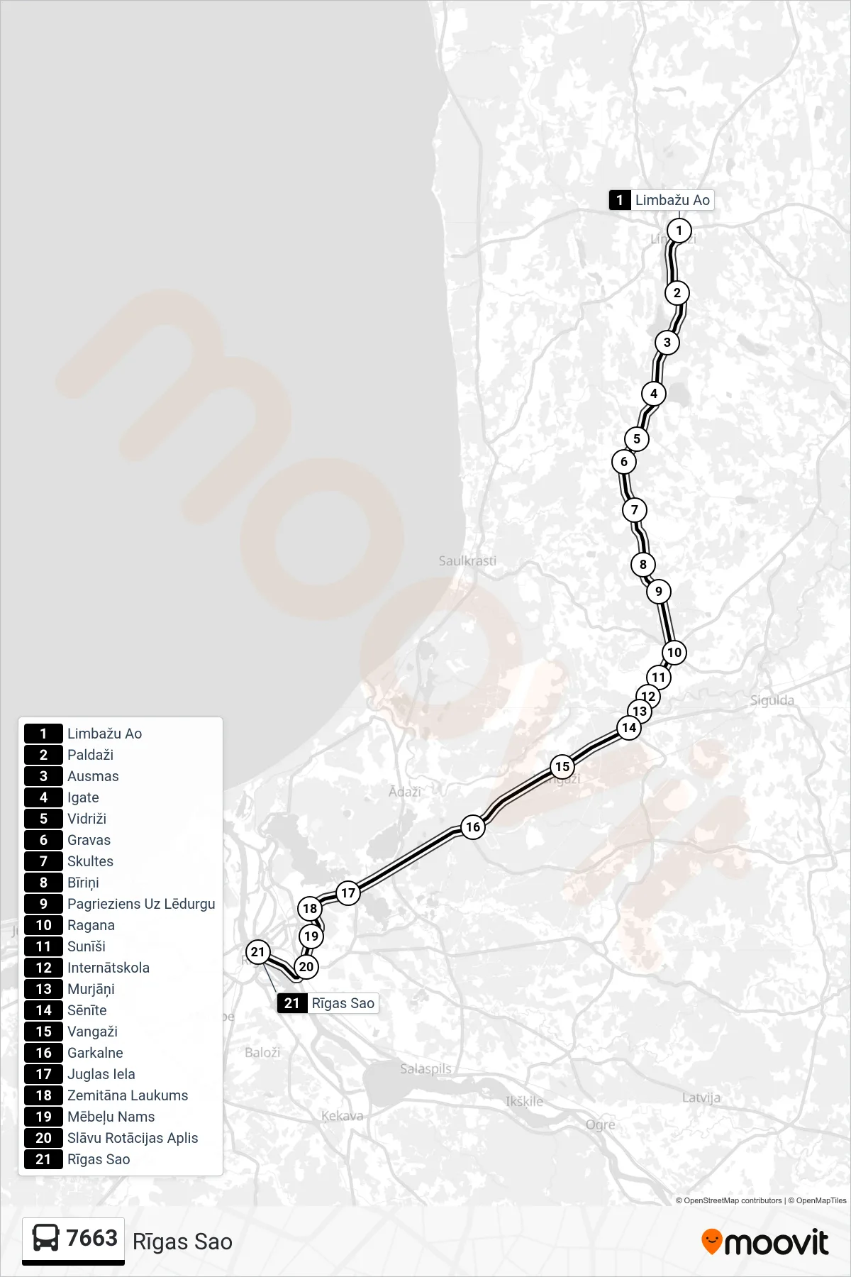 7663 bus Line (Rīgas Sao) route and stops on a map