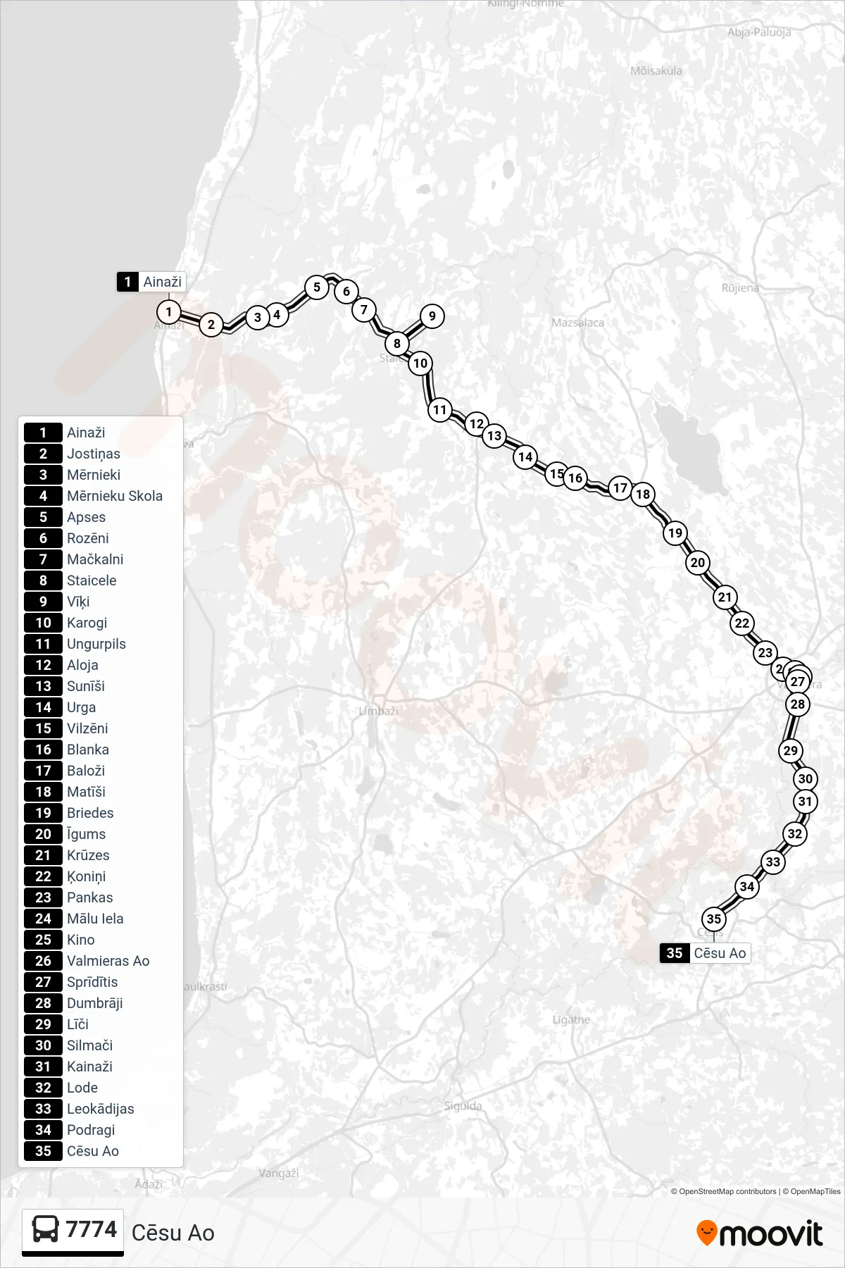 7774 bus Line (Cēsu Ao) route and stops on a map