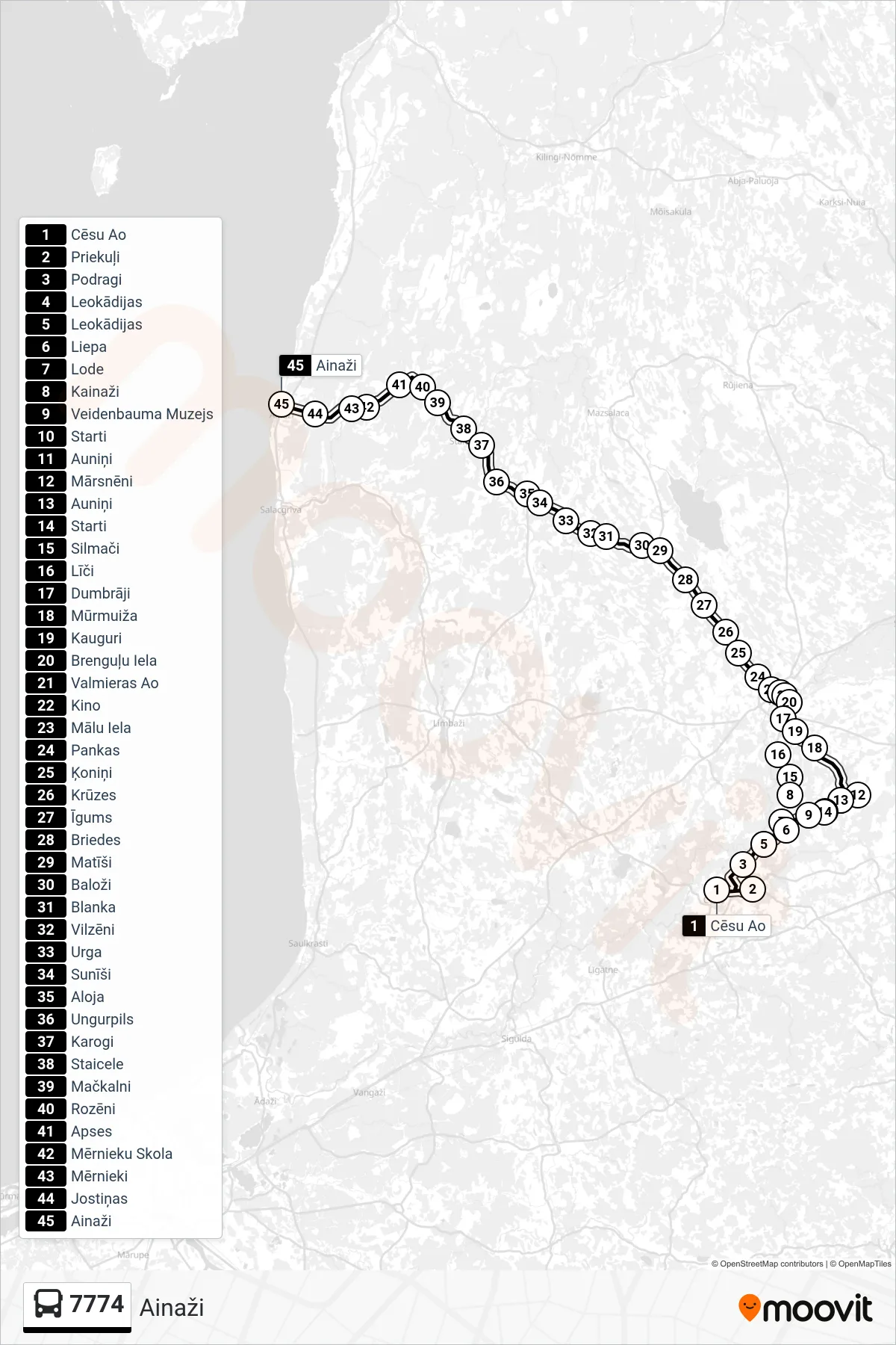 7774 bus Line (Ainaži) route and stops on a map
