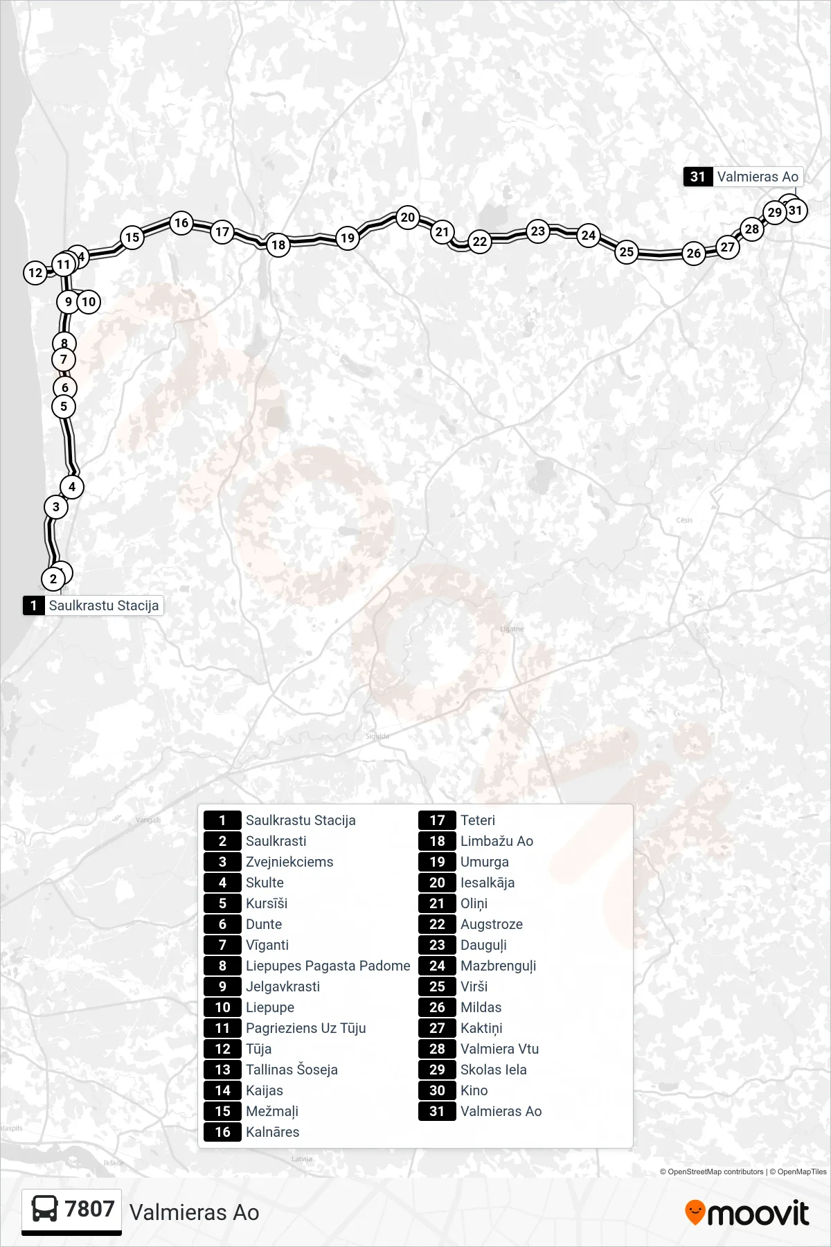 7807 bus Line (Valmieras Ao) route and stops on a map