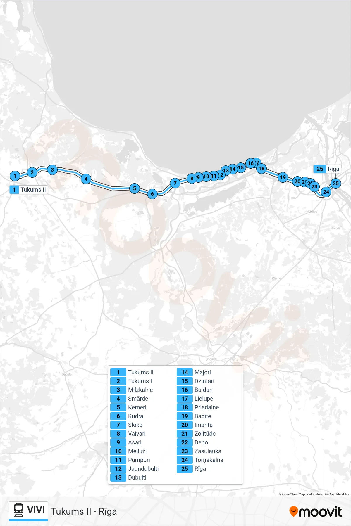 VIVI train Line (Tukums II - Rīga) route and stops on a map