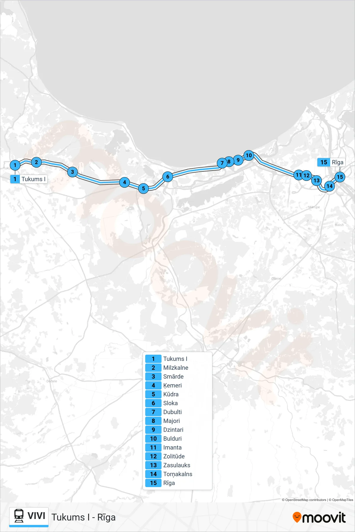 VIVI rail Line (Tukums I - Rīga) route and stops on a map