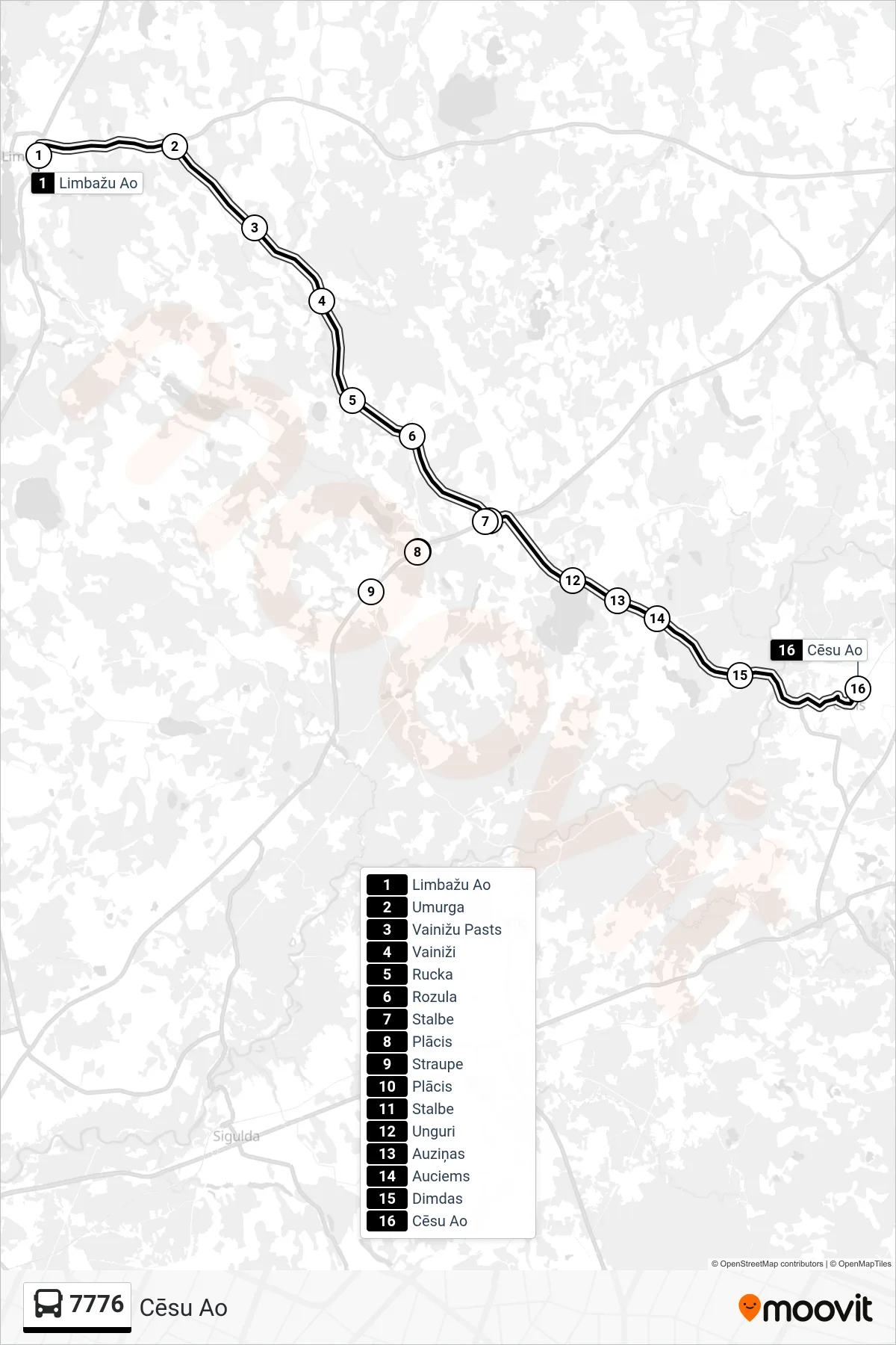 7776 bus Line (Cēsu Ao) route and stops on a map