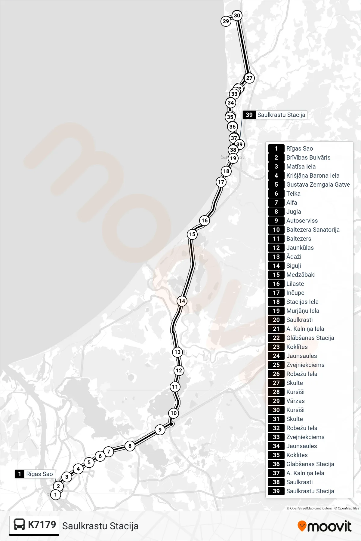 K7179 bus Line (Saulkrastu Stacija) route and stops on a map