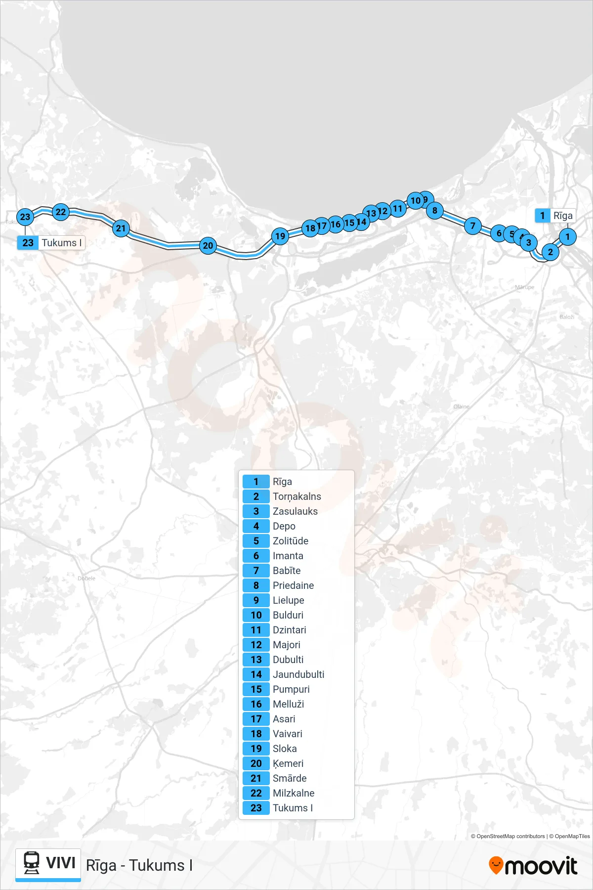 VIVI train Line (Rīga - Tukums I) route and stops on a map