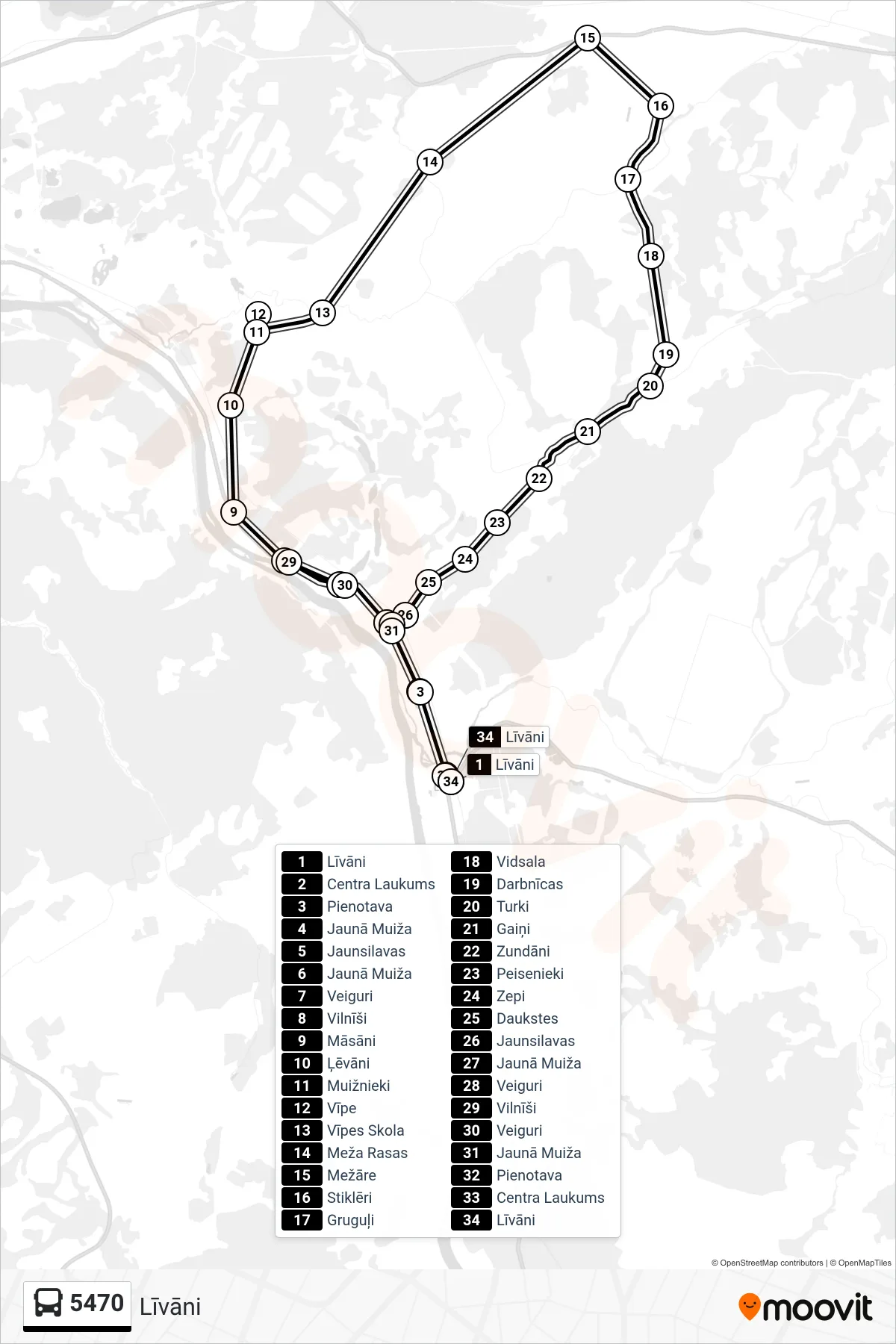 5470 bus Line (Līvāni) route and stops on a map