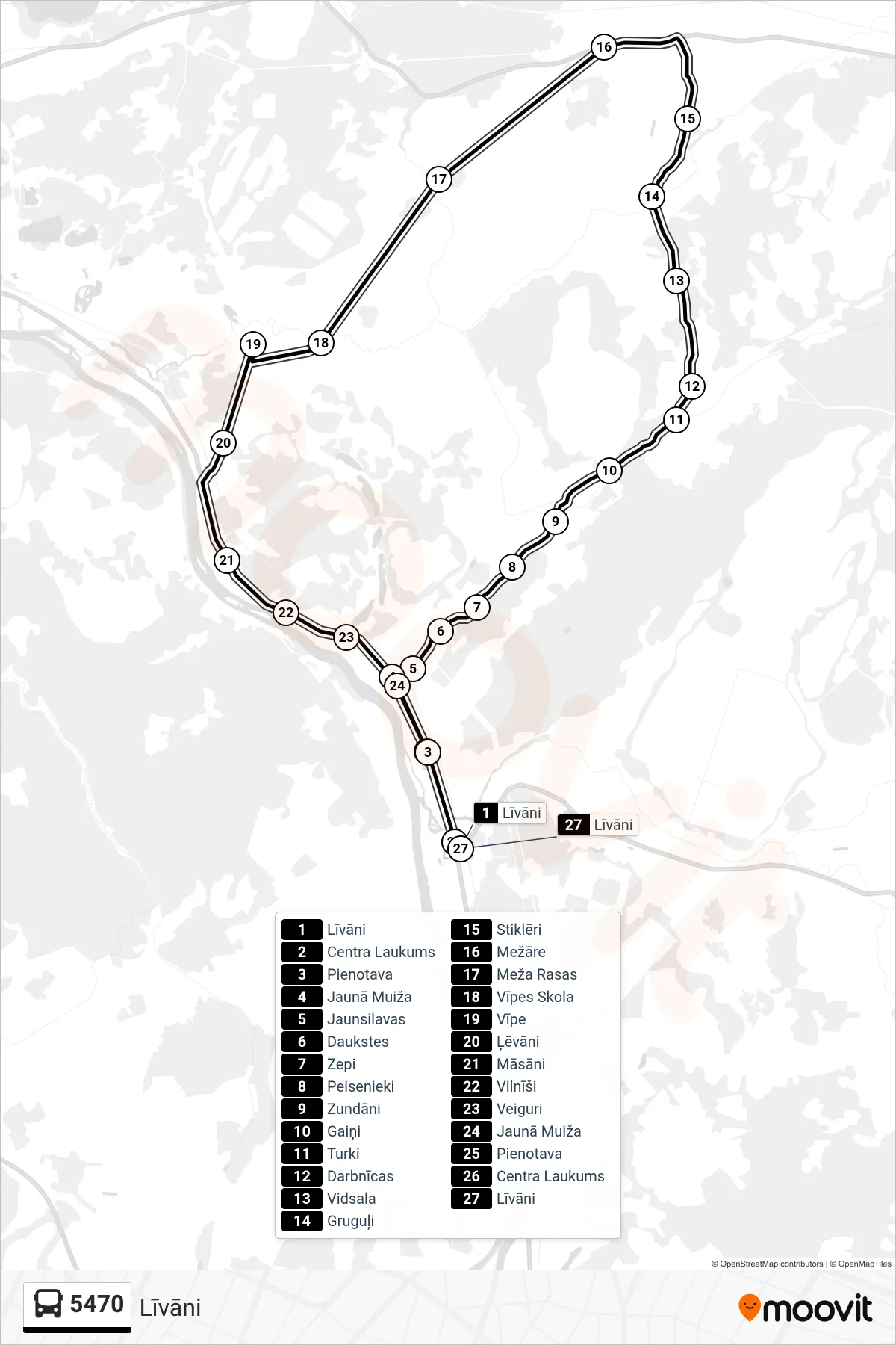 5470 bus Line (Līvāni) route and stops on a map