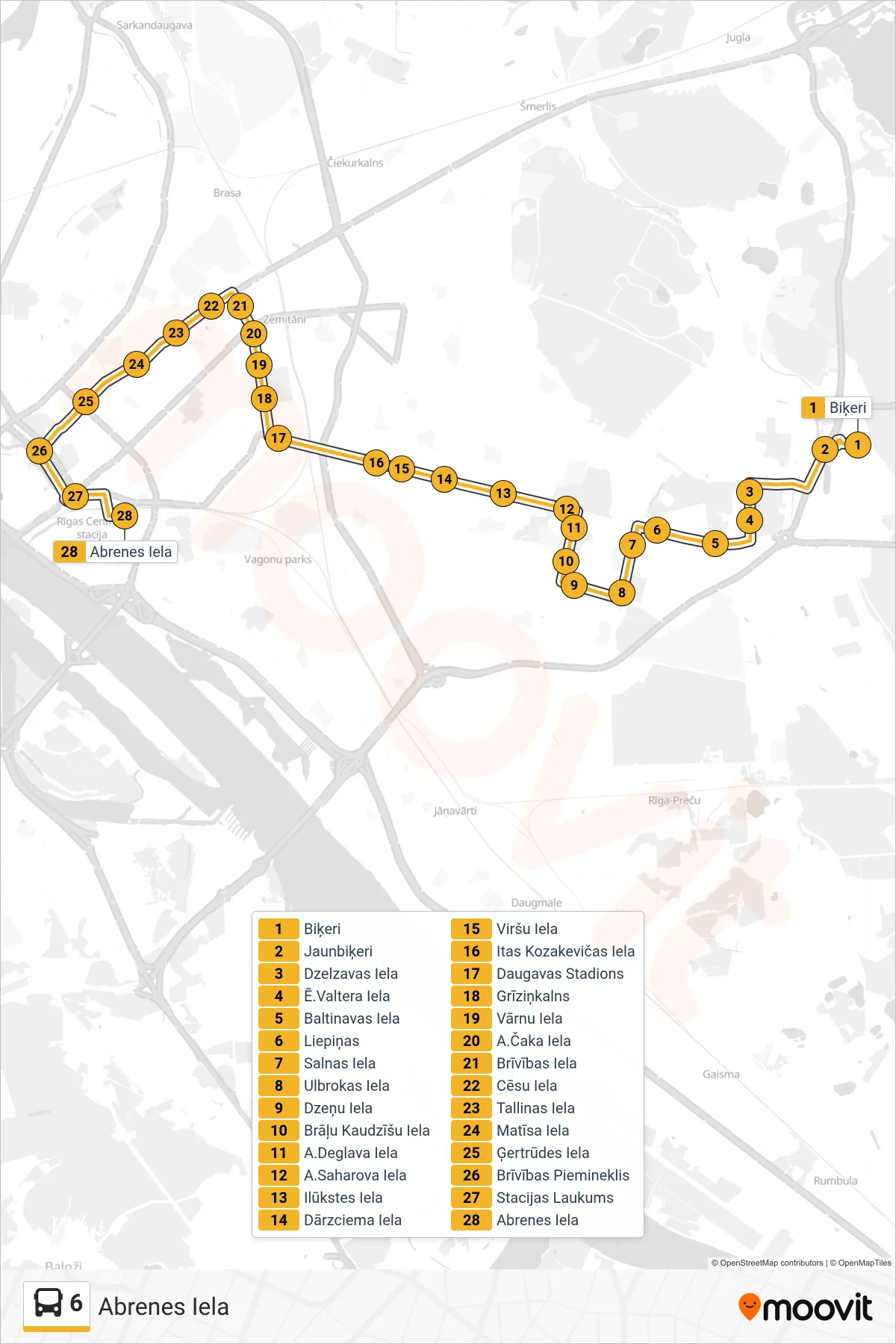6 bus Line (Abrenes Iela) route and stops on a map
