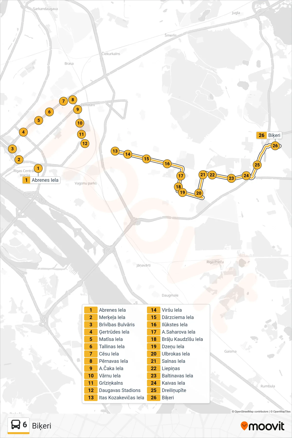 6 bus Line (Biķeri) route and stops on a map