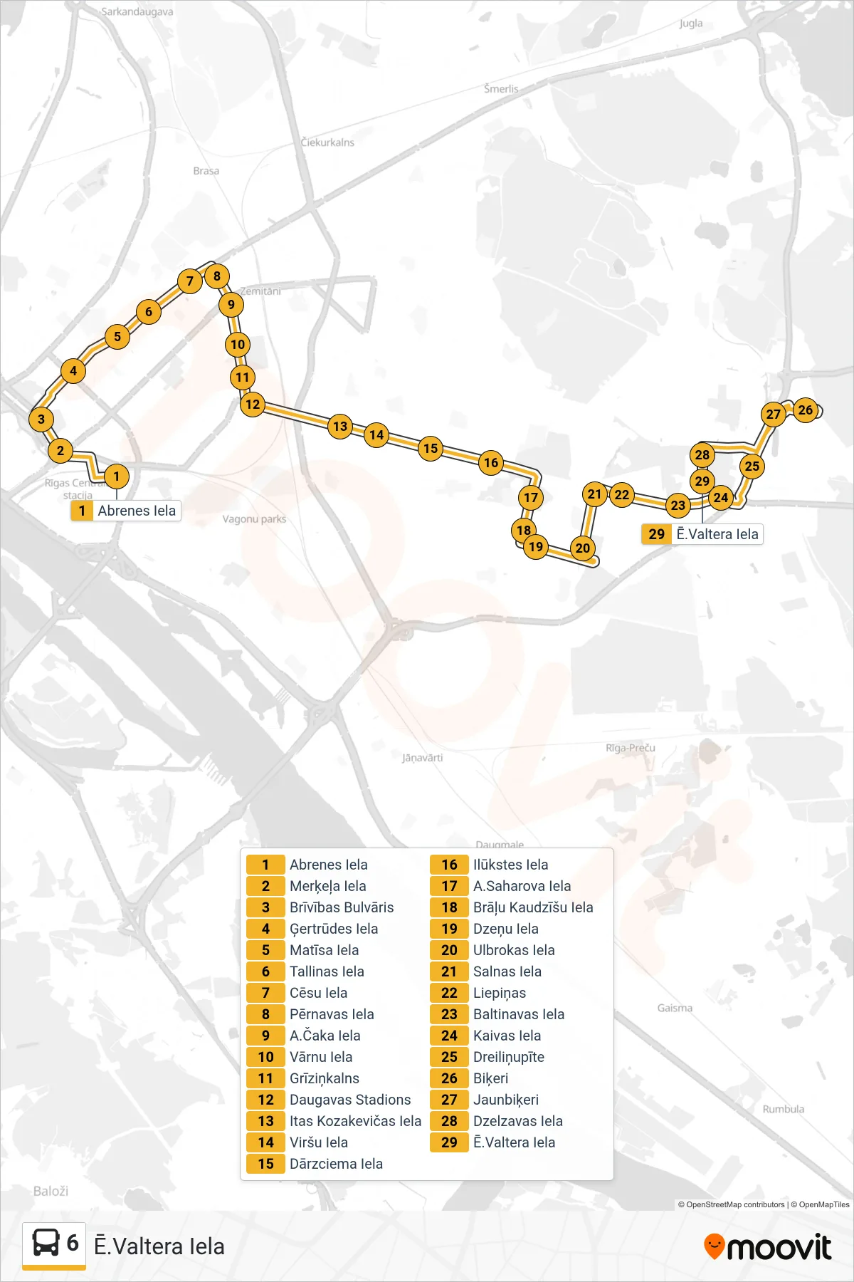6 bus Line (Ē.Valtera Iela) route and stops on a map