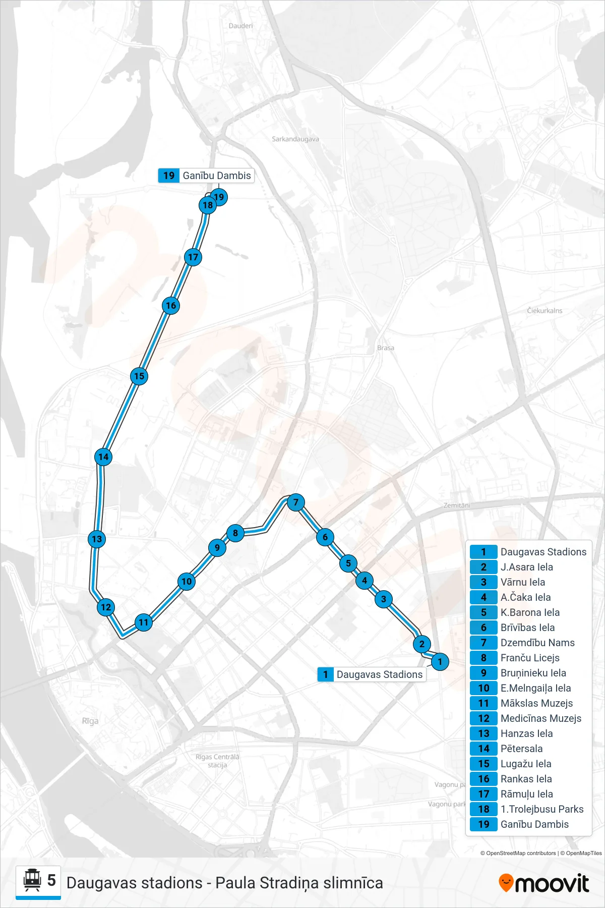 5 cable car Line (1.Parks (Ganību Dambī)) route and stops on a map