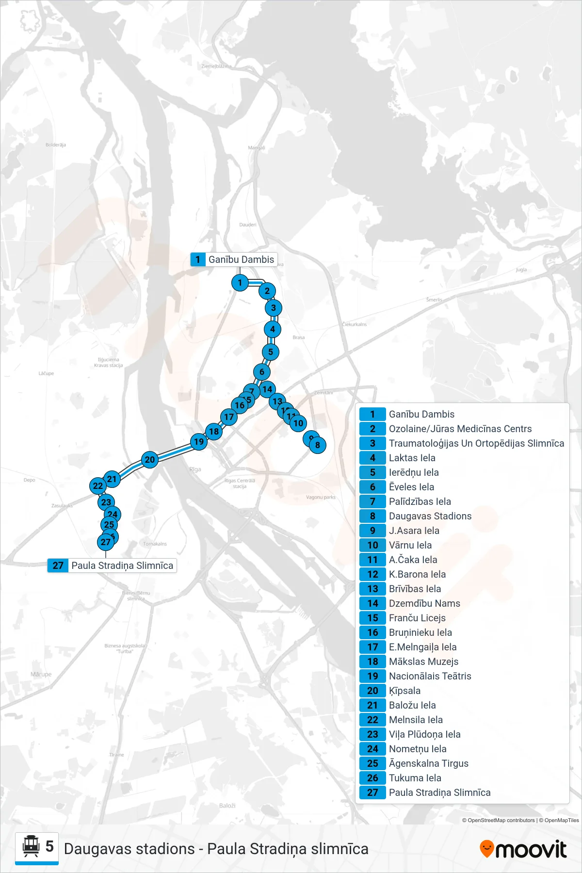 5 cable car Line (Paula Stradiņa Slimnīca) route and stops on a map