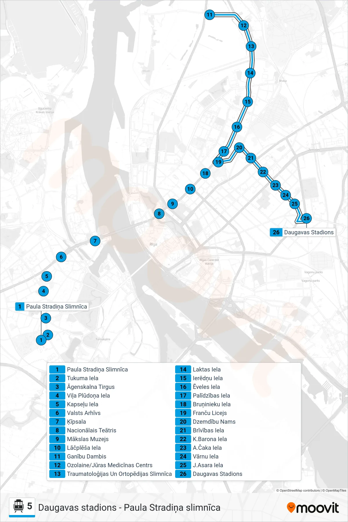 5 cable car Line (Daugavas Stadions) route and stops on a map