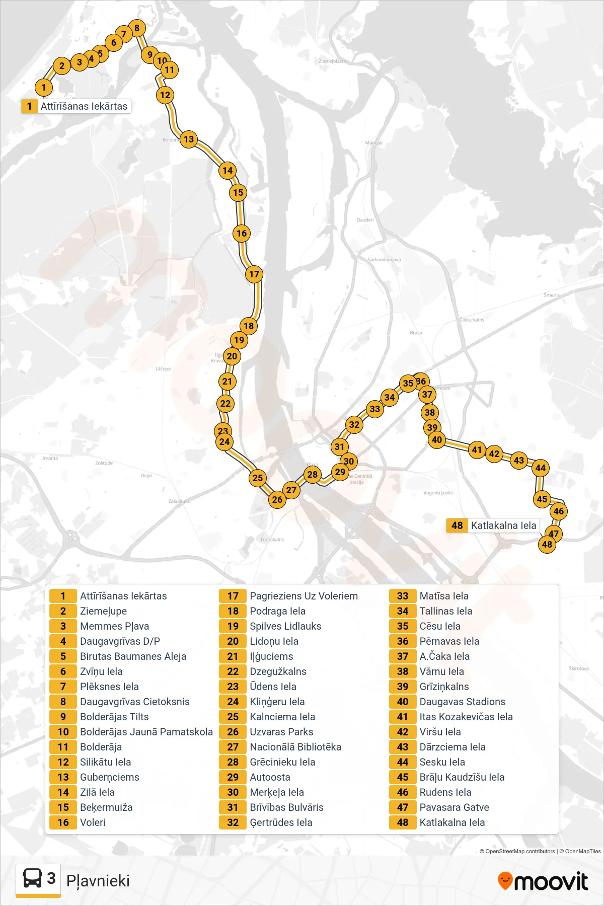 3 bus Line (Pļavnieki) route and stops on a map