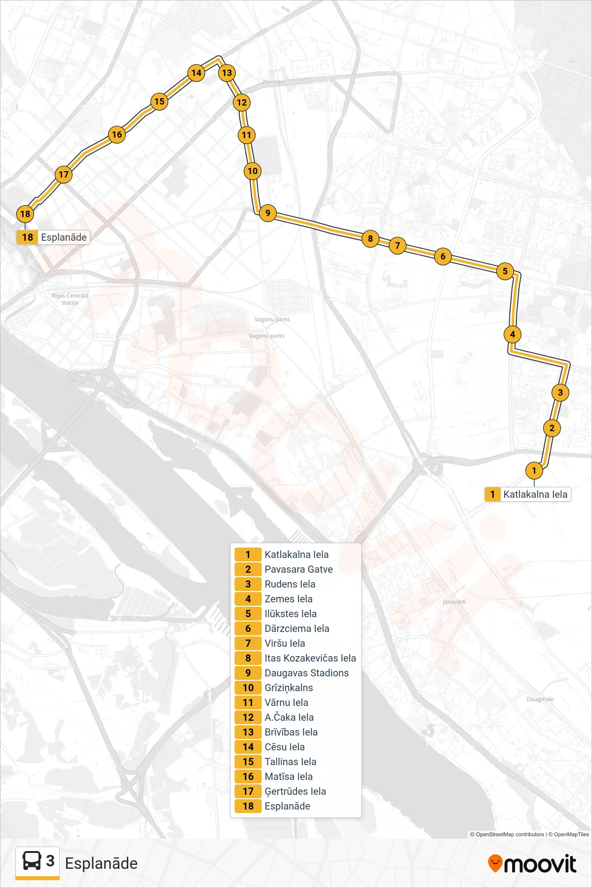 3 bus Line (Esplanāde) route and stops on a map