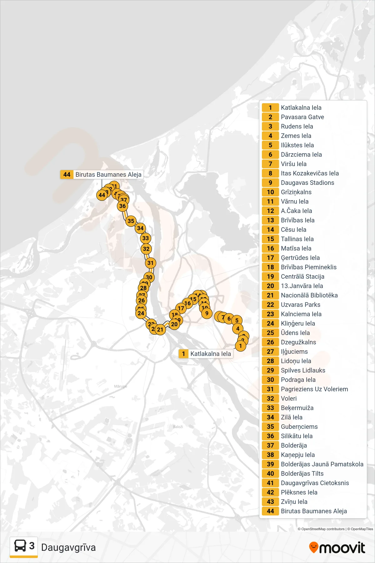 3 bus Line (Daugavgrīva) route and stops on a map