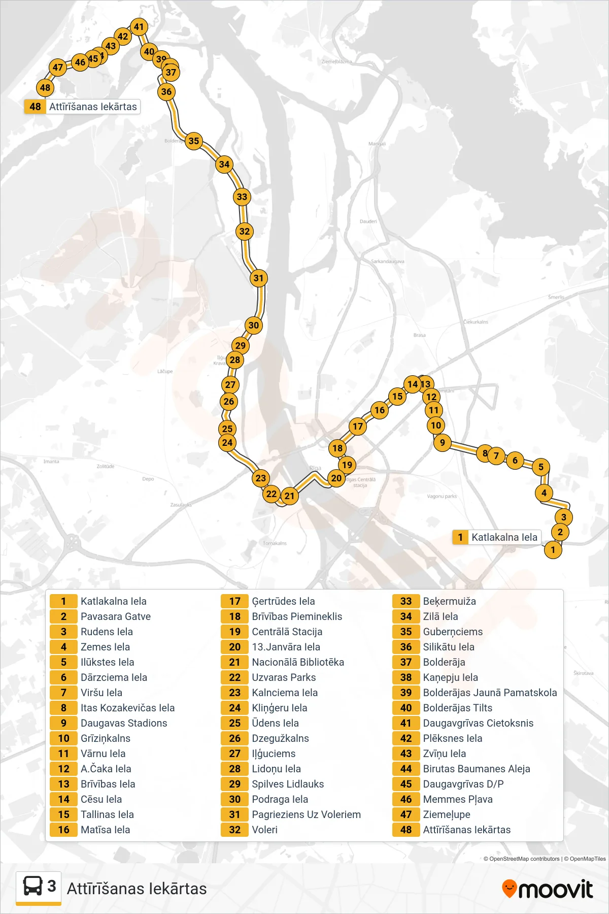 3 bus Line (Attīrīšanas Iekārtas) route and stops on a map