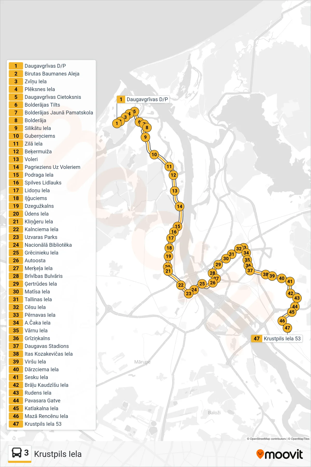 3 bus Line (Krustpils Iela) route and stops on a map