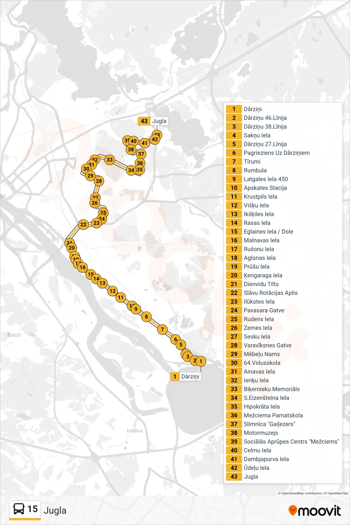 15 bus Line (Jugla) route and stops on a map