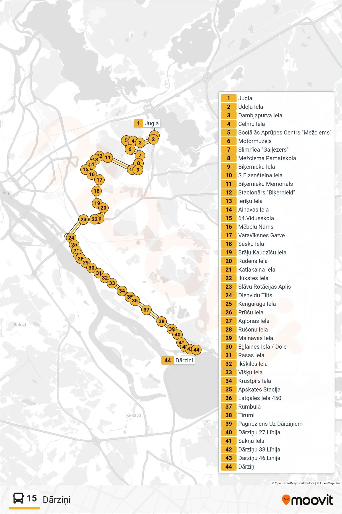 15 bus Line (Dārziņi) route and stops on a map