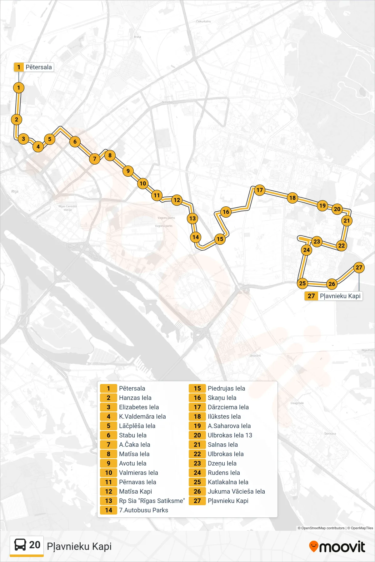 20 bus Line (Pļavnieku Kapi) route and stops on a map
