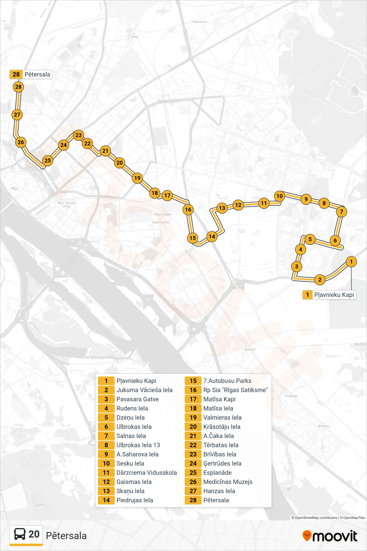 20 bus Line (Pētersala) route and stops on a map