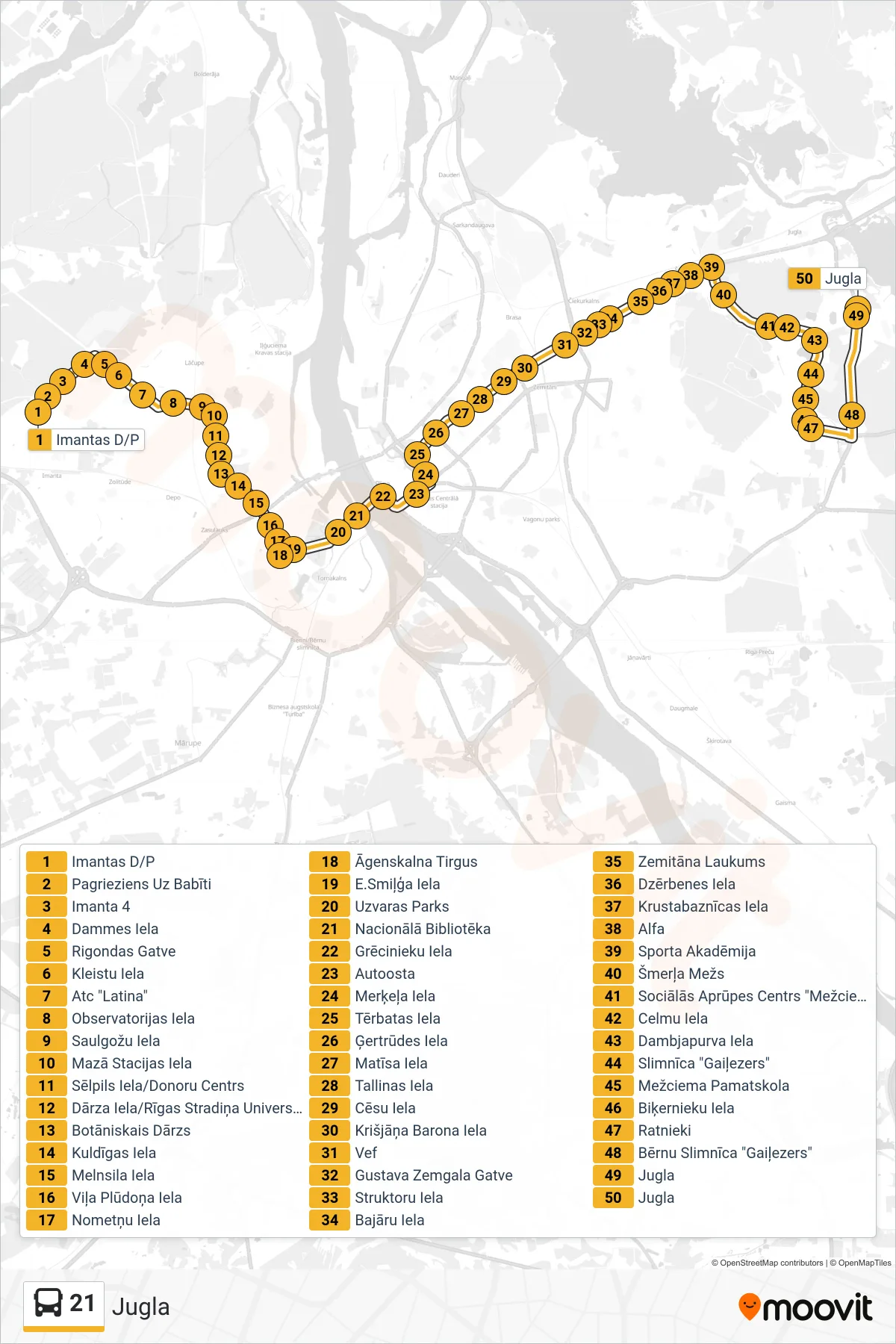 21 bus Line (Jugla) route and stops on a map