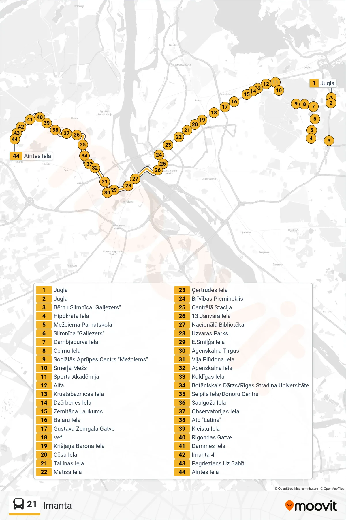 21 bus Line (Imanta) route and stops on a map