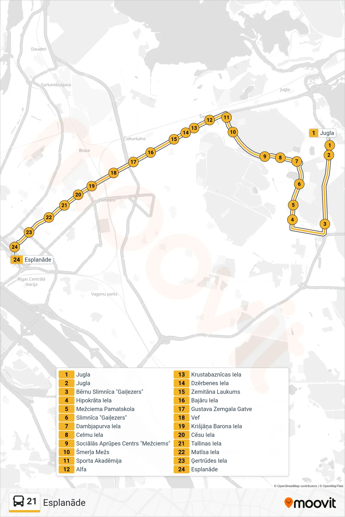 21 bus Line (Esplanāde) route and stops on a map