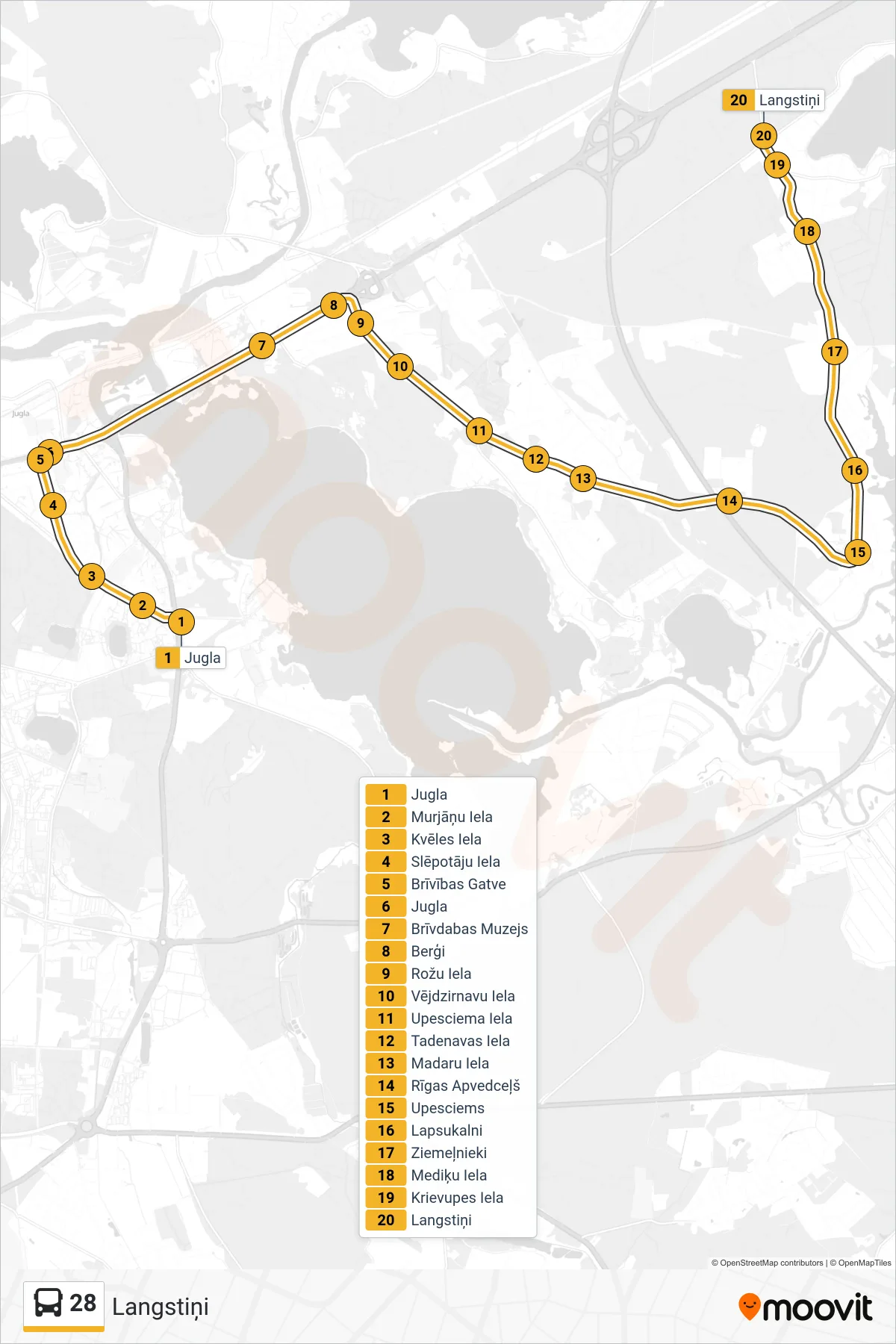 28 bus Line (Langstiņi) route and stops on a map