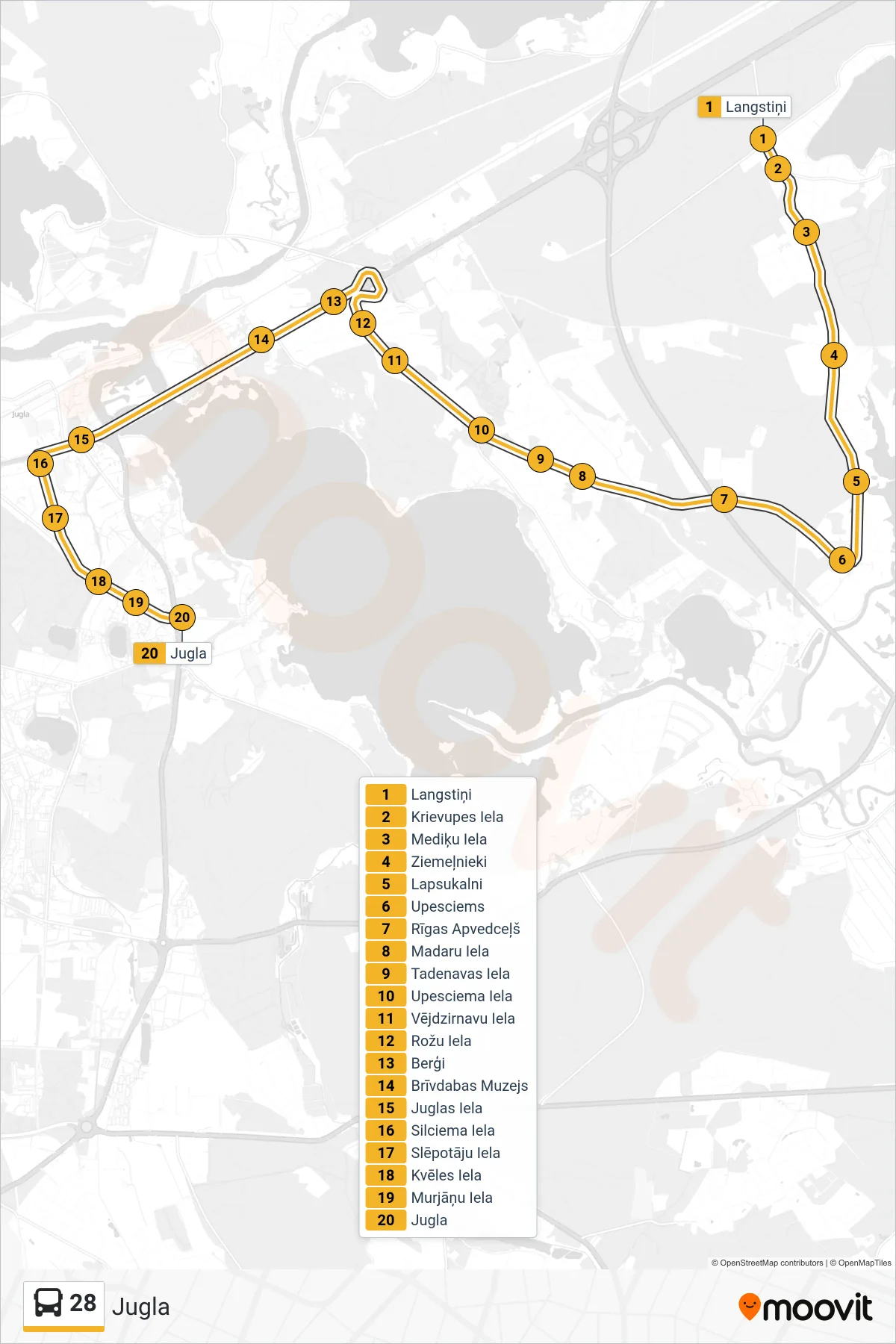 28 bus Line (Jugla) route and stops on a map