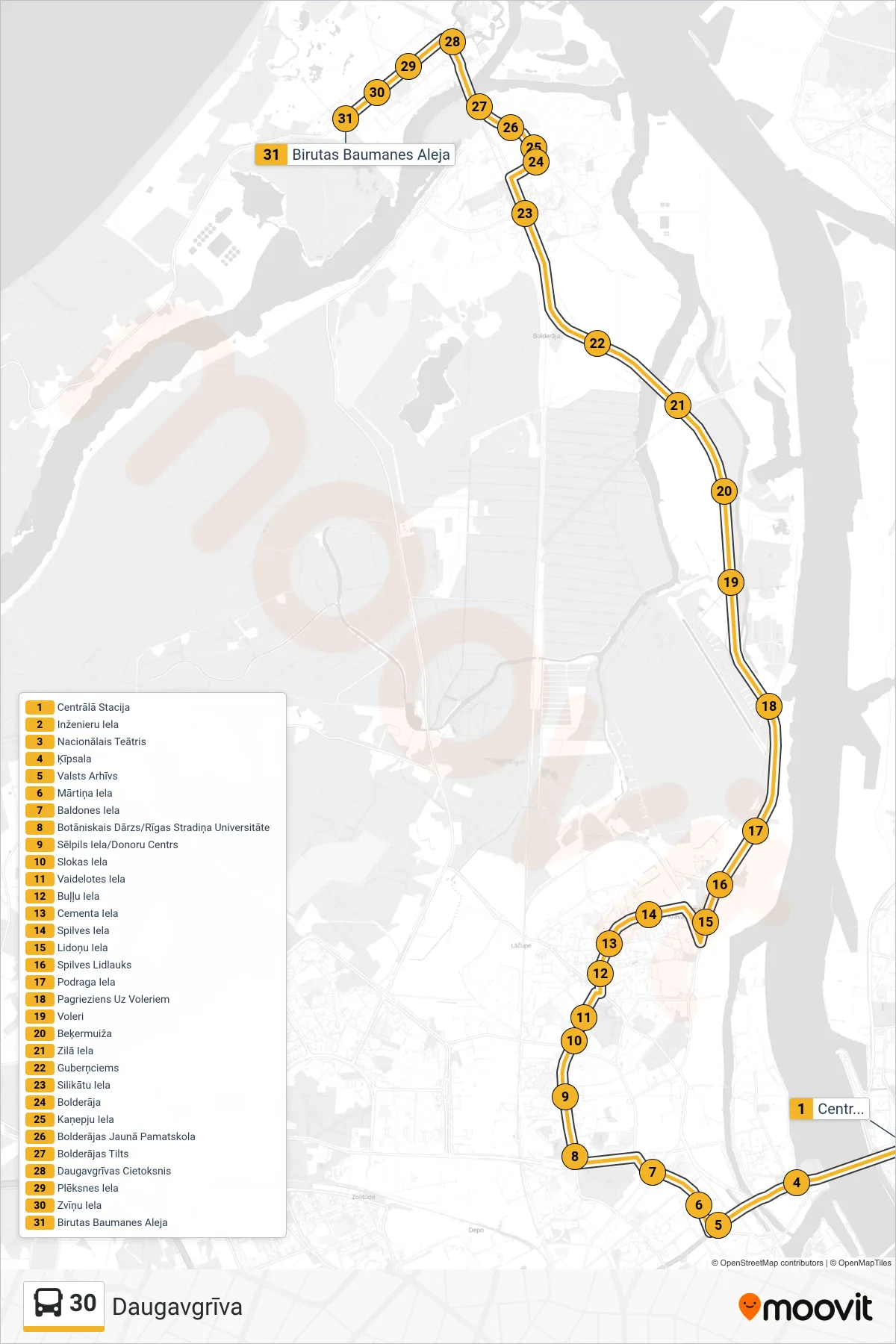 30 bus Line (Daugavgrīva) route and stops on a map
