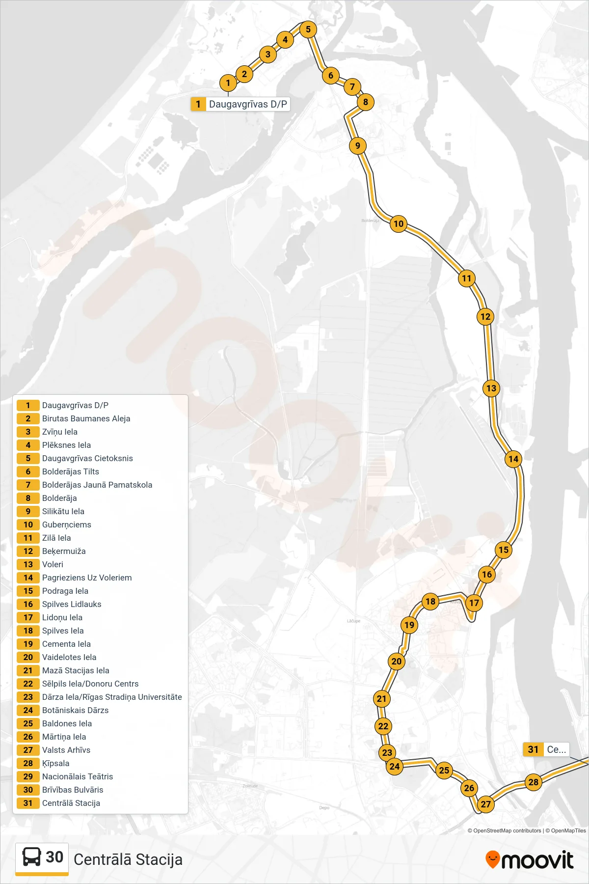 30 bus Line (Centrālā Stacija) route and stops on a map