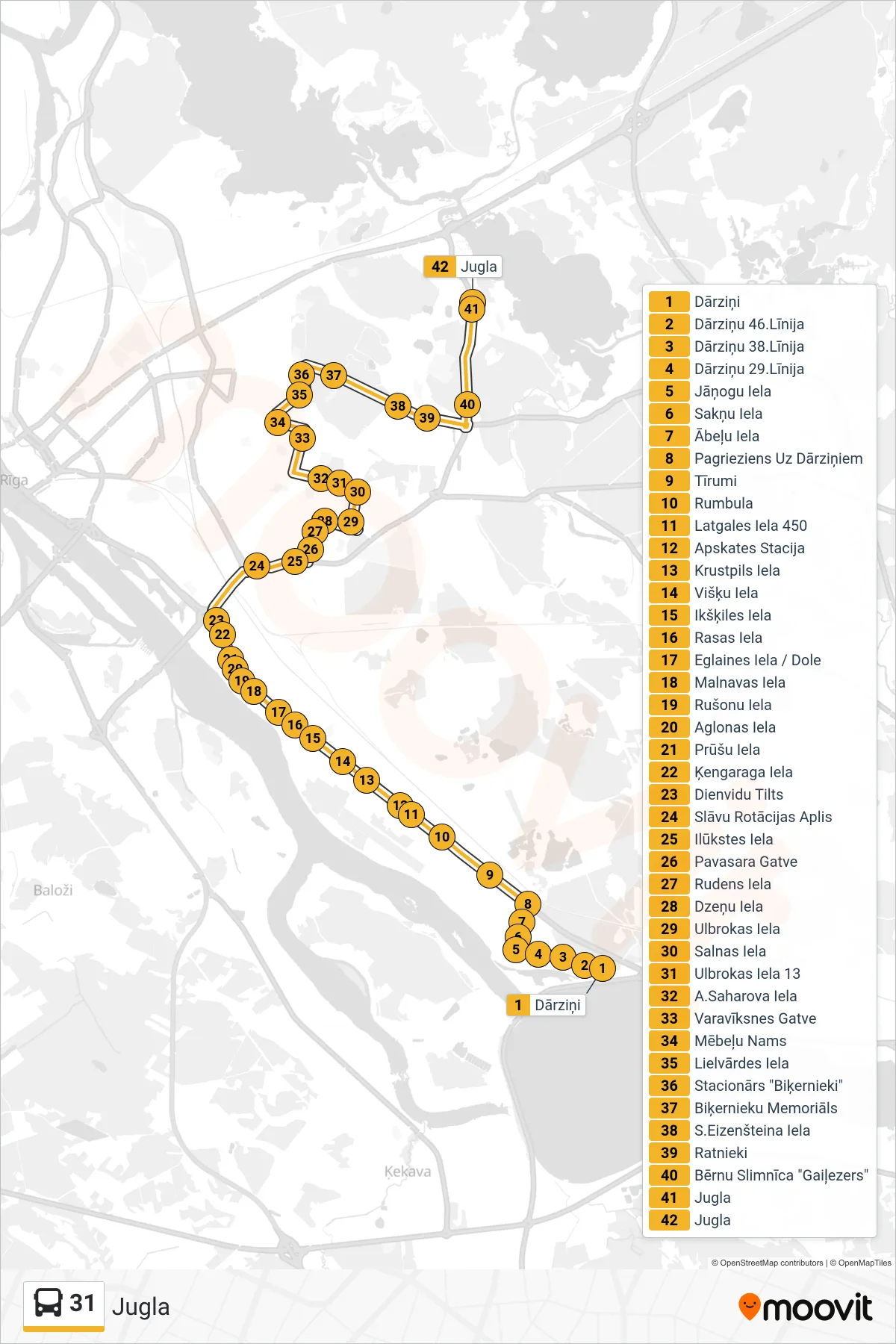 31 bus Line (Jugla) route and stops on a map