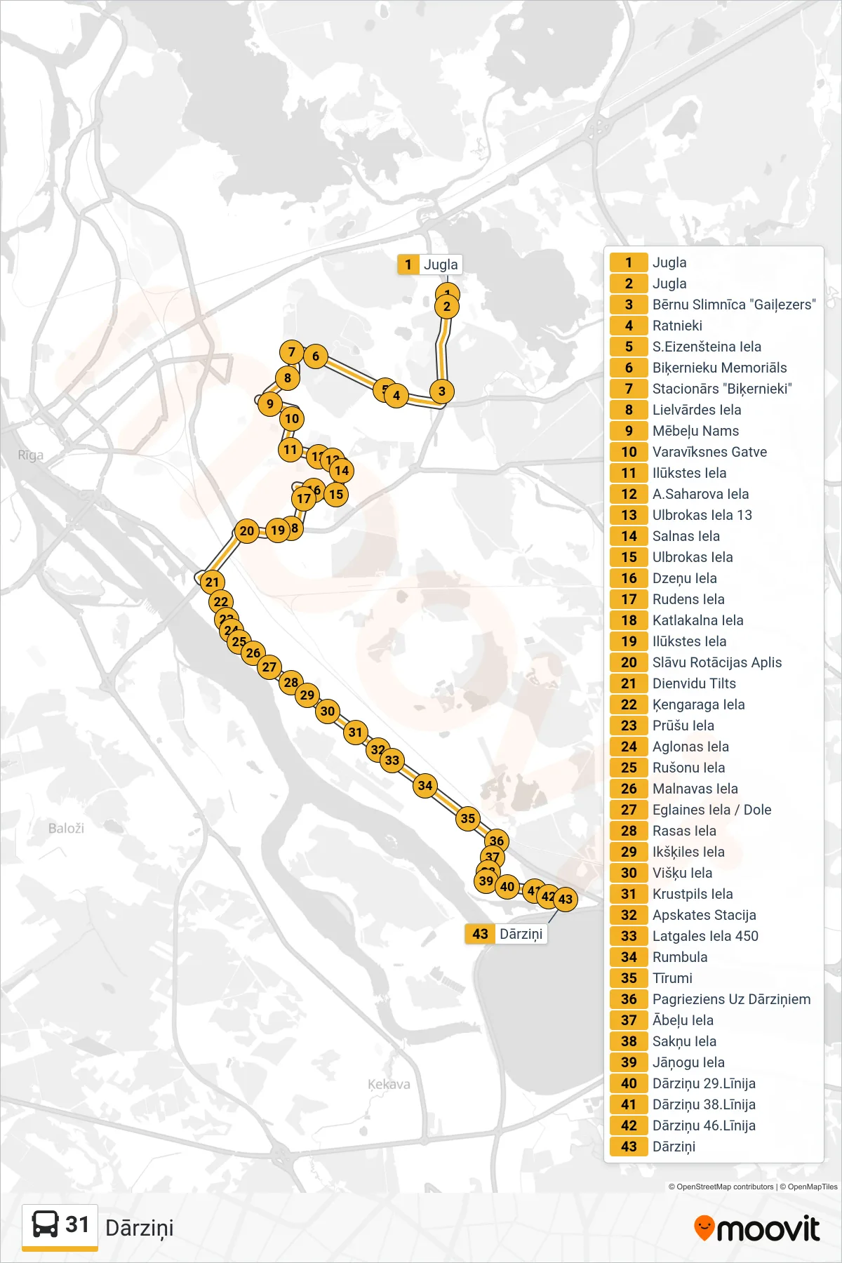 31 bus Line (Dārziņi) route and stops on a map