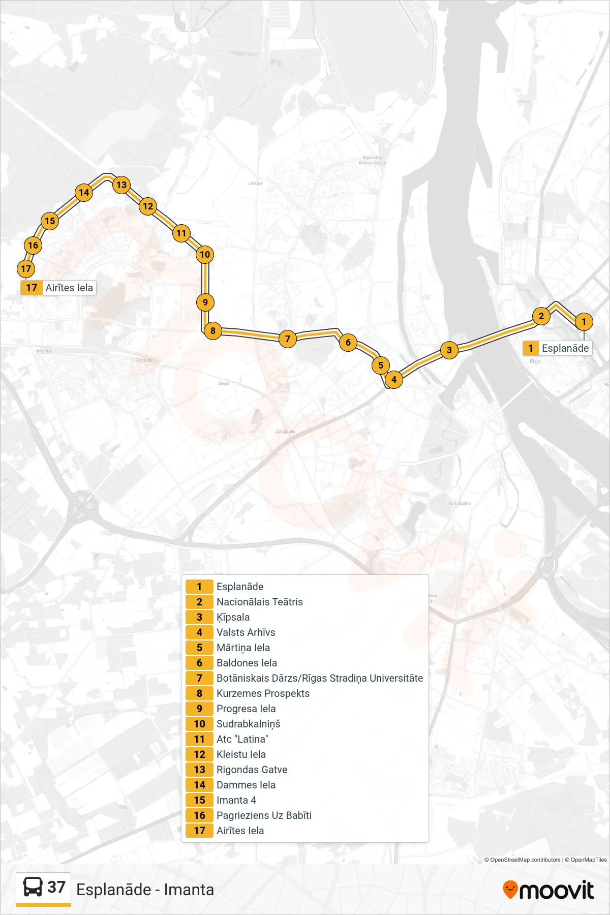 37 bus Line (Imanta) route and stops on a map