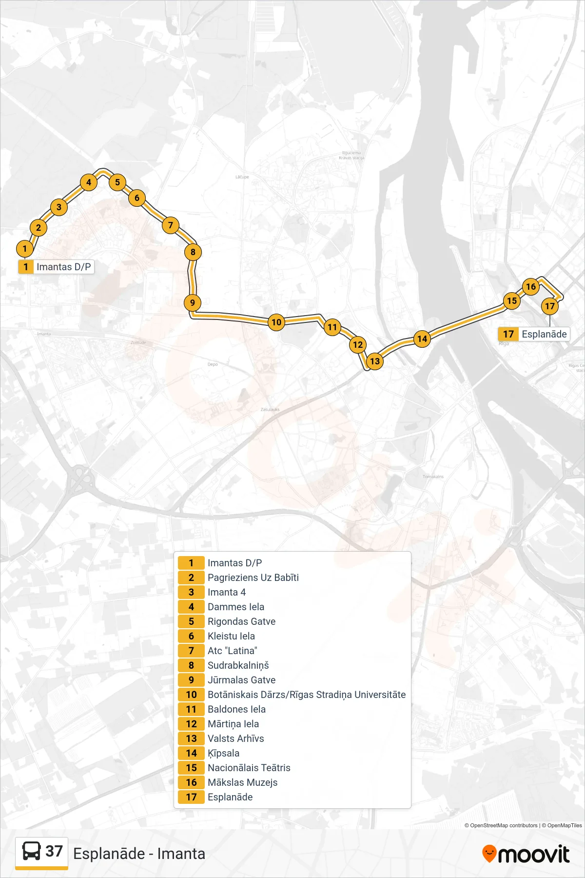 37 bus Line (Esplanāde) route and stops on a map