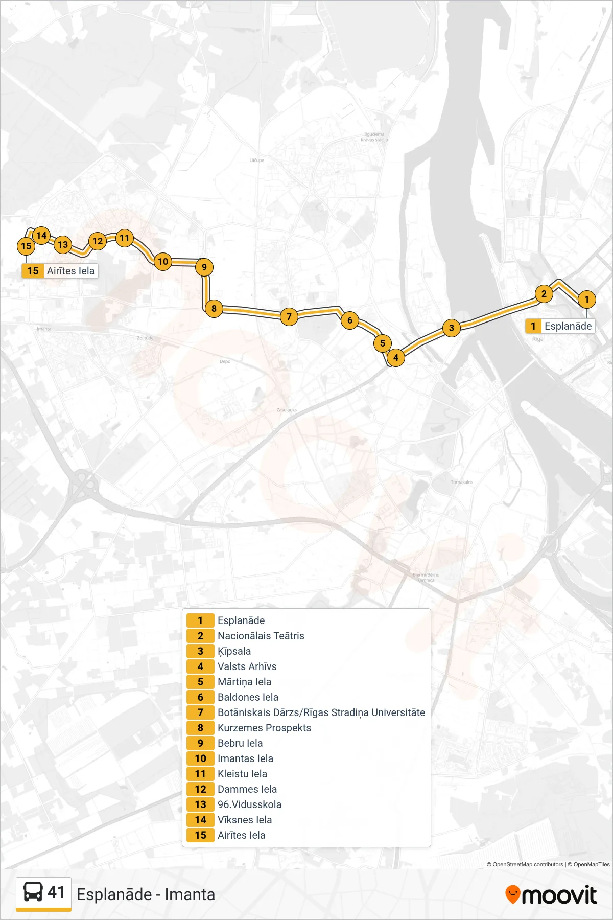 41 bus Line (Imanta) route and stops on a map