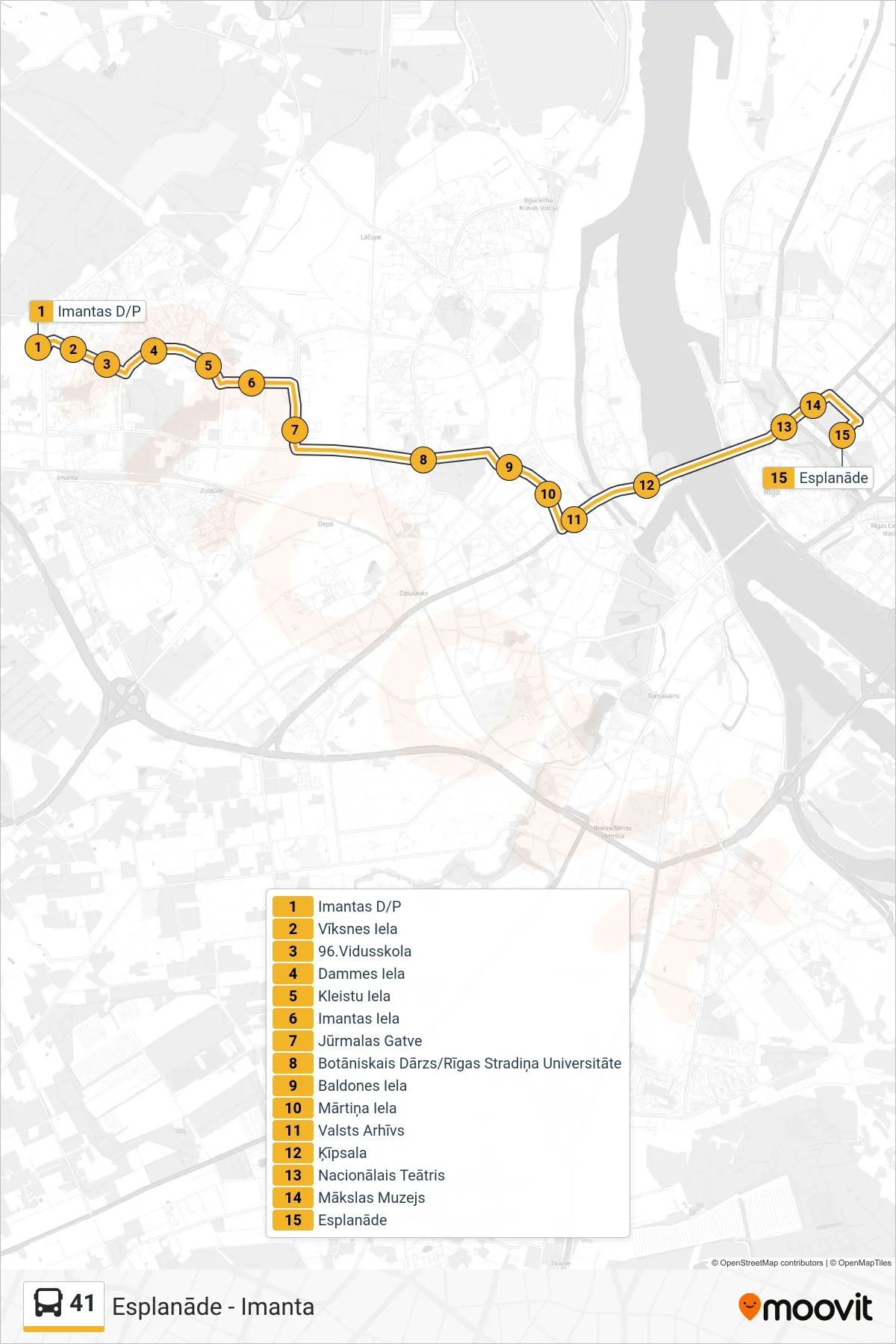 41 bus Line (Esplanāde) route and stops on a map