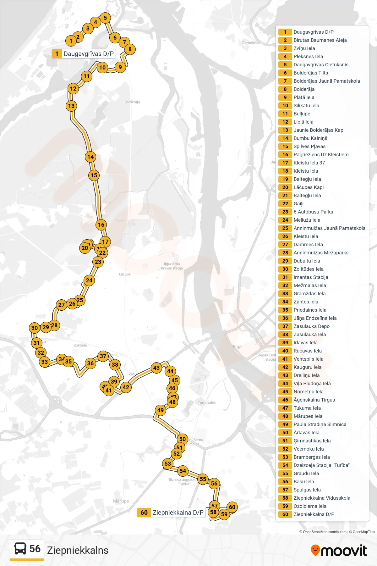 56 bus Line (Ziepniekkalns) route and stops on a map