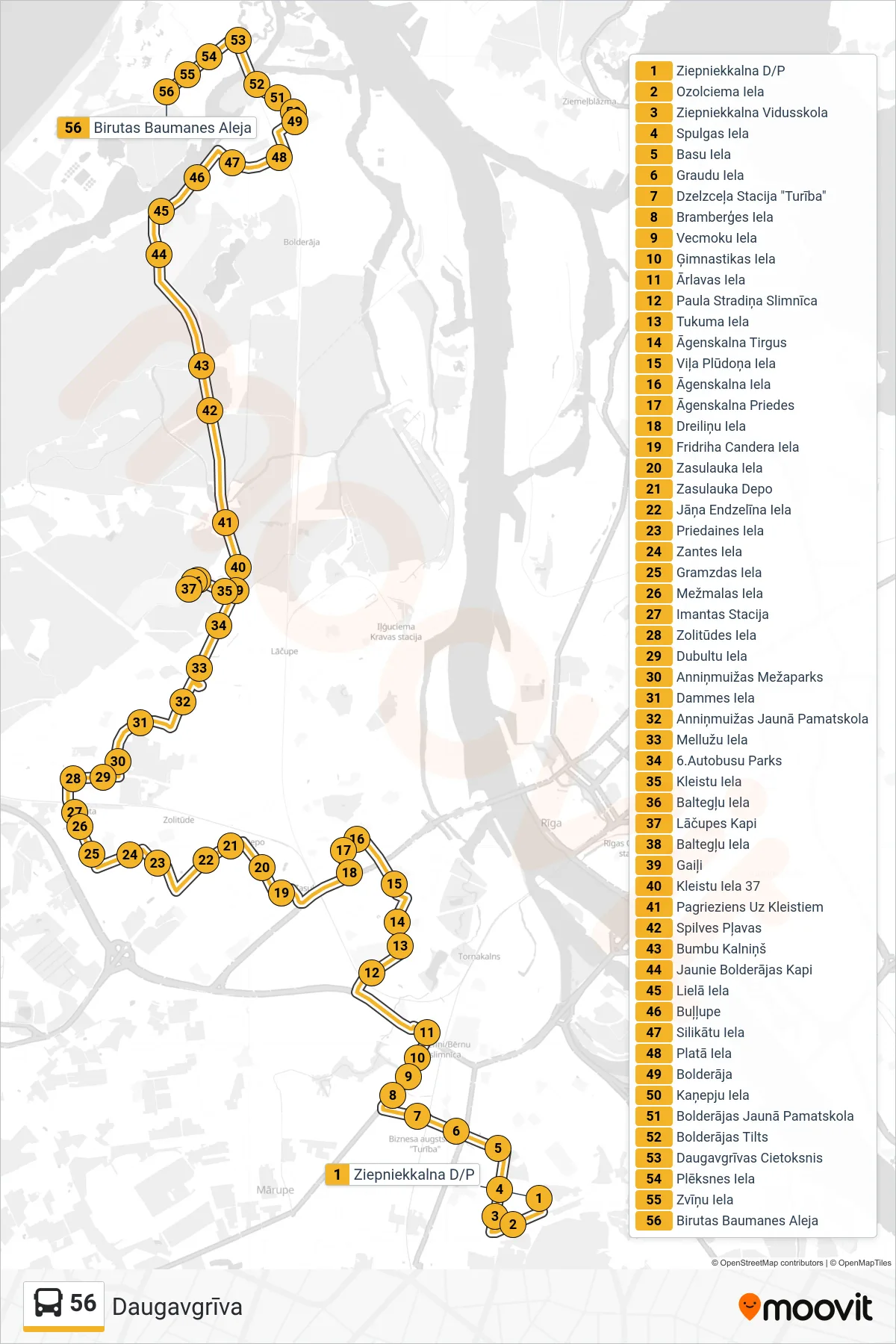 56 bus Line (Daugavgrīva) route and stops on a map