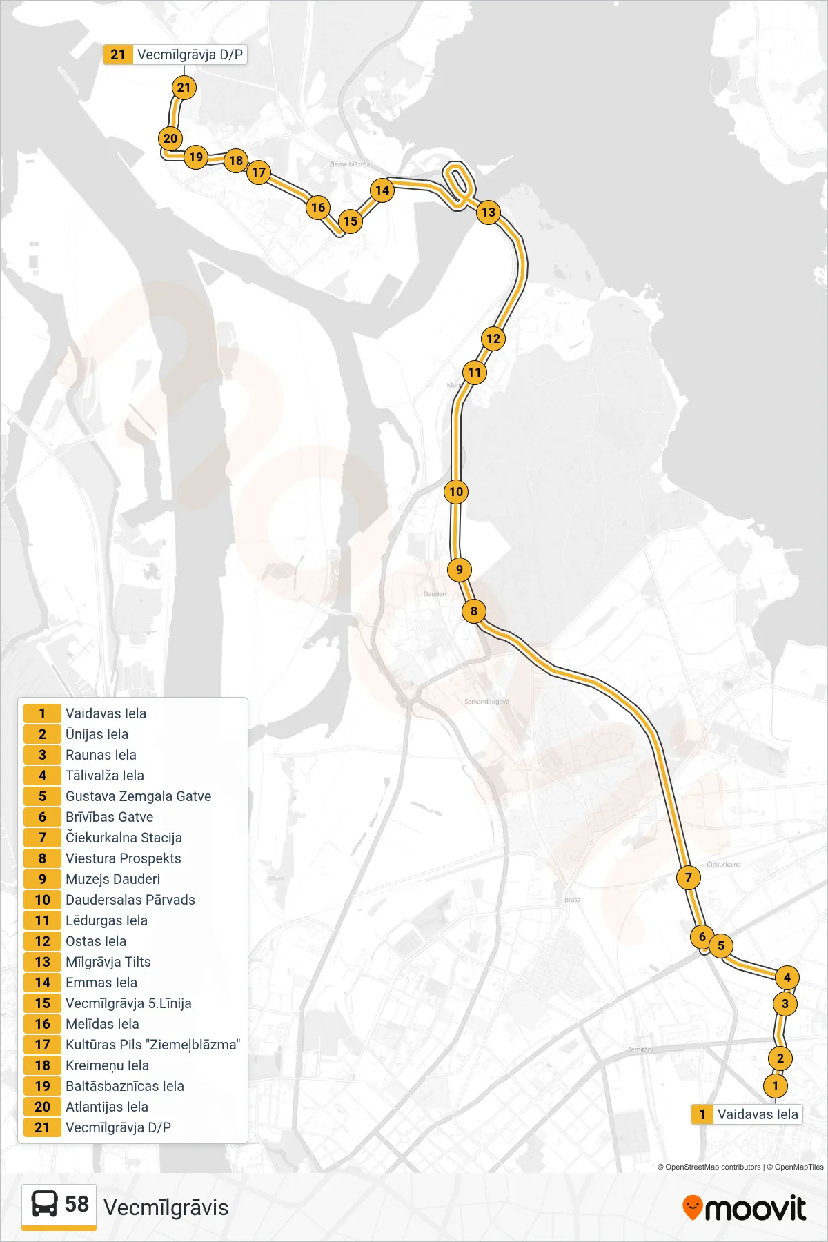 58 bus Line (Vecmīlgrāvis) route and stops on a map