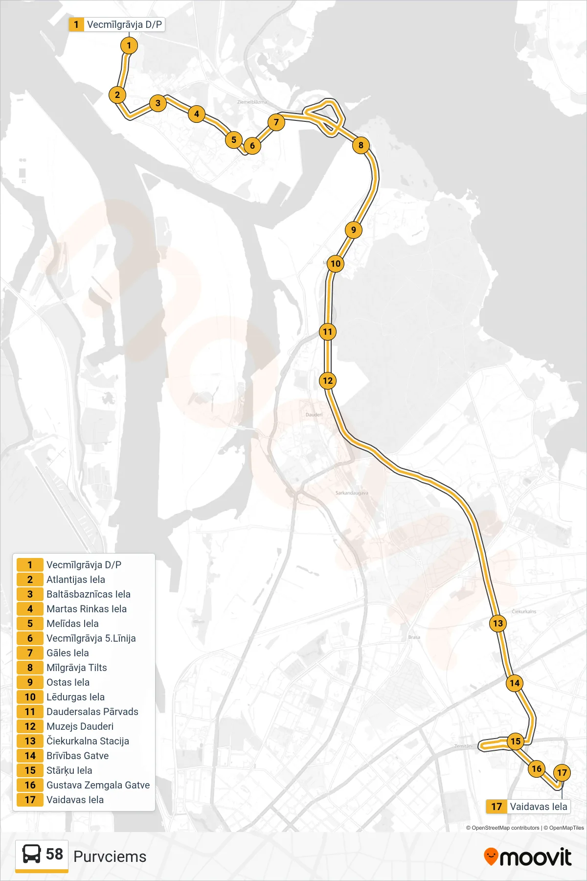 58 bus Line (Purvciems) route and stops on a map