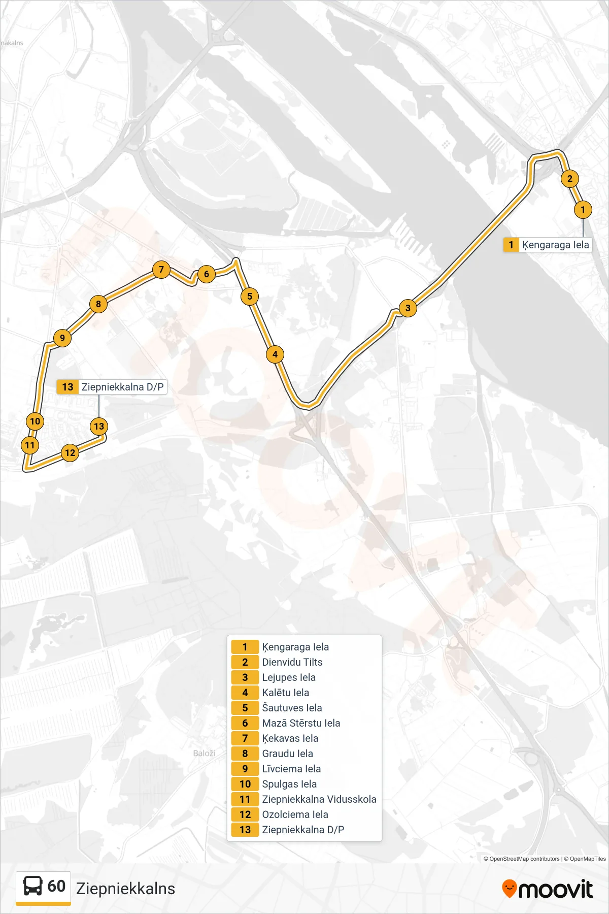 60 bus Line (Ziepniekkalns) route and stops on a map