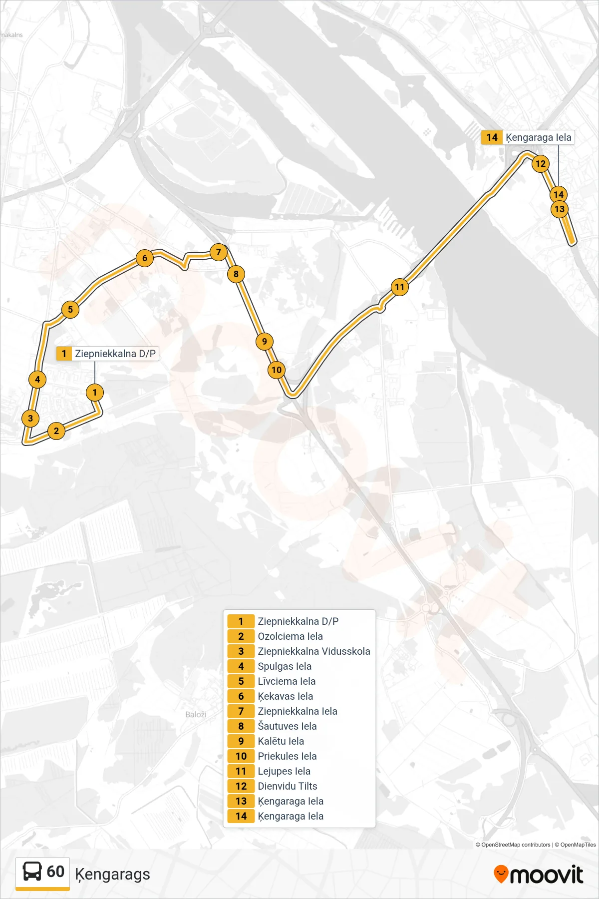 60 bus Line (Ķengarags) route and stops on a map