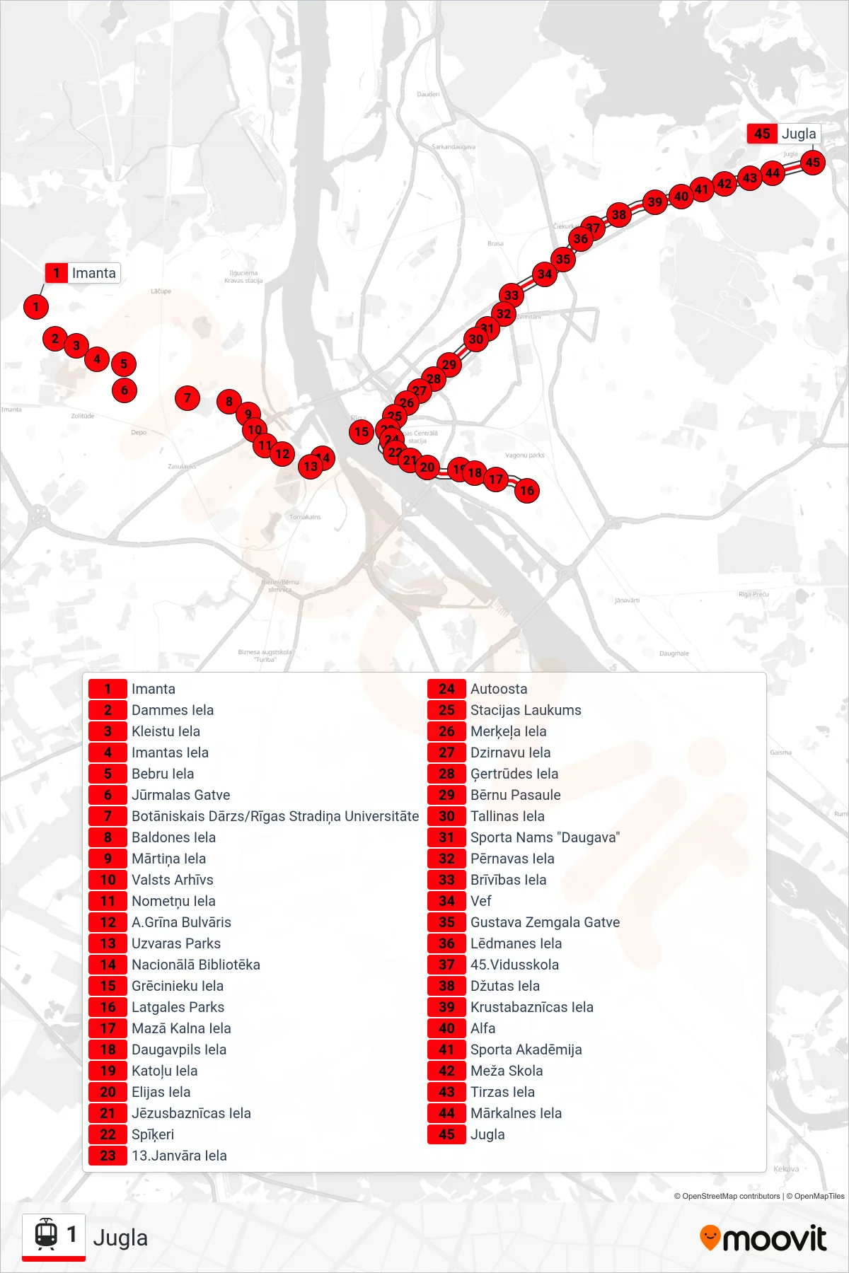 1 tram Line (Jugla) route and stops on a map